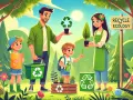 Rodzina sadzi drzewka, ucząc dzieci ekologii i recyklingu. Wszyscy w zielonych ubraniach, otoczeni naturą i symbolami recyklingu.