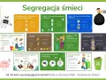 Segregacja śmieci dla dzieci do druku: ilustracje pokazują, co wrzucać do żółtego, zielonego, brązowego i niebieskiego pojemnika.