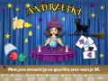 Kolorowa andrzejki dekoracja do przedszkola: wróżka z kulą, czarny kot na miotle, kostki i karty.