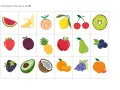 Kolorowe owoce karty pracy do druku: arbuz, banan, pomarańcza, cytryna, wiśnie, kiwi, truskawka, śliwka, ananas, jabłko, gruszka, borówki, jeżyna, awokado, kokos, mandarynka, winogrona.