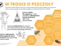Ilustracja edukacyjna o pszczołach i innych zapylaczach. Pokazuje budowę hoteli dla owadów, kłody bartne i łąki kwietne. Wskazuje, jak pomóc pszczołom, np. sadząc rośliny miododajne.