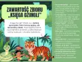 Ilustracja przedstawia tygrysa, węża i chłopca w dżungli, symbolizując streszczenie "Księgi Dżungli" i jej bohaterów.