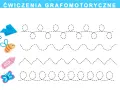 Ćwiczenia grafomotoryczne dla 3 latka: samolot, pszczoła, kredka i motyl prowadzą przez kropkowane linie: pętelki, fale, zygzaki i spirale.