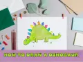 Kolorowy dinozaur na rysunku, obok kredki i kopert. Podpis "Jak narysować dinozaura" sugeruje instrukcję.