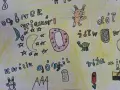 Dzieci z klasy 8 ćwiczą dyktando, rysując literki i obrazki: królik, góry, księżyc, gwiazdy, żółw, słońce, róża, miód.