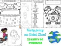Ilustracja z kartami pracy o ekologii dla przedszkola: dzieci, Ziemia, segregacja śmieci, energia odnawialna.