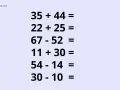 Ćwiczenia dodawania i odejmowania do 100, np. 35+44, 22+25, 67-52, 11+30, 54-14, 30-10.