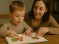Mama uczy synka liter, wskazując paluszkiem na obrazek jabłka i literę "A". To świetny sposób, jak nauczyć dziecko liter.