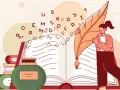 Dziewczynka pisze piórem na wielkiej księdze, litery unoszą się w powietrzu. Idealne do krótkich dyktand klasa 1.