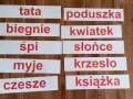 Karty do druku z wyrazami do nauki czytania globalnego: tata, biegnie, śpi, myje, czesze, poduszka, kwiatek, słońce, krzesło, książka.
