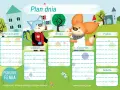 Plan dnia dla dziecka 10 lat z kotkiem i liskiem. Tygodniowy harmonogram z miejscem na wpisanie zadań na każdy dzień.