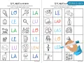 Ćwiczenie na wyrazy na ł dla dzieci. Tabela z obrazkami i sylabami do uzupełnienia, np. lalka, lew, łódka.