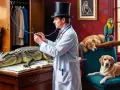 Doktor Dolittle i jego zwierzęta bohaterowie: doktor w cylindrze bada aligatora, podczas gdy małpa, dwa psy i papugi obserwują.