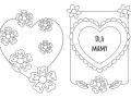 Dwa projekty kartki dla mamy do druku: serce z kwiatami i ramka z sercem z napisem "Dla Mamy" i kwiatami.