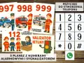 Plakat z numerami alarmowymi do druku: 997, 998, 999, 112. Grafiki przedstawiają policjanta, strażaka, ratownika medycznego i centrum powiadamiania ratunkowego.