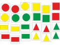 Rysunek z figur geometrycznych: czerwone, żółte i zielone koła, kwadraty, prostokąty i trójkąty ułożone w siatce.