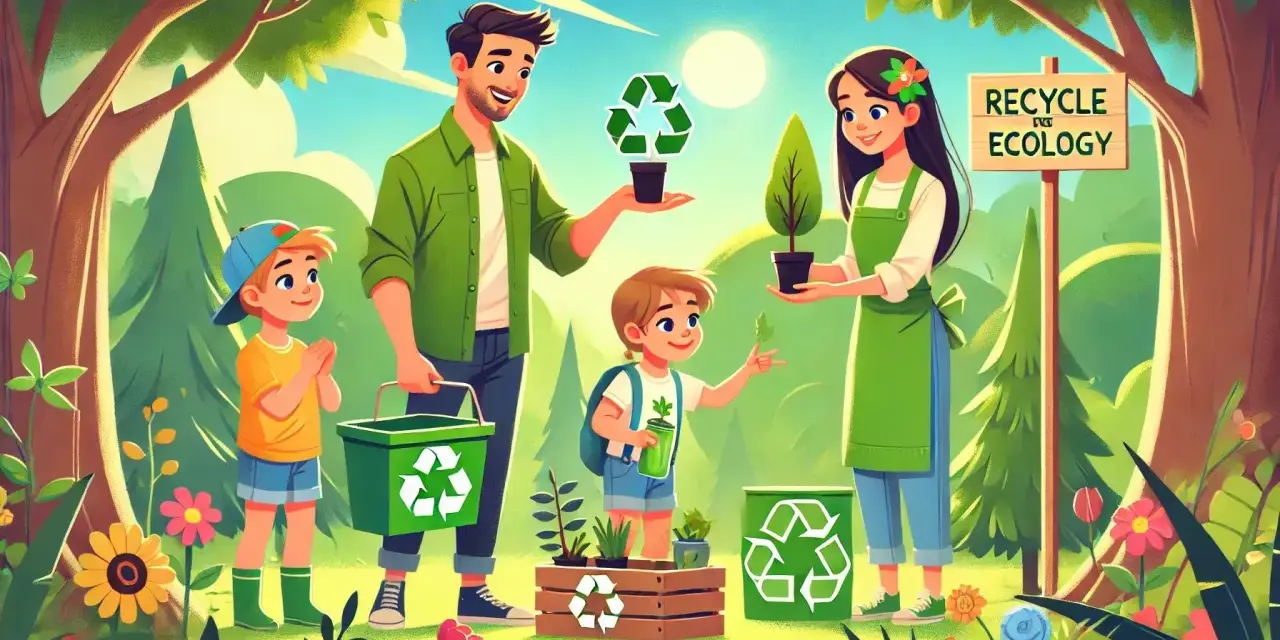 Rodzina sadzi drzewka, ucząc dzieci ekologii i recyklingu. Wszyscy w zielonych ubraniach, otoczeni naturą i symbolami recyklingu.