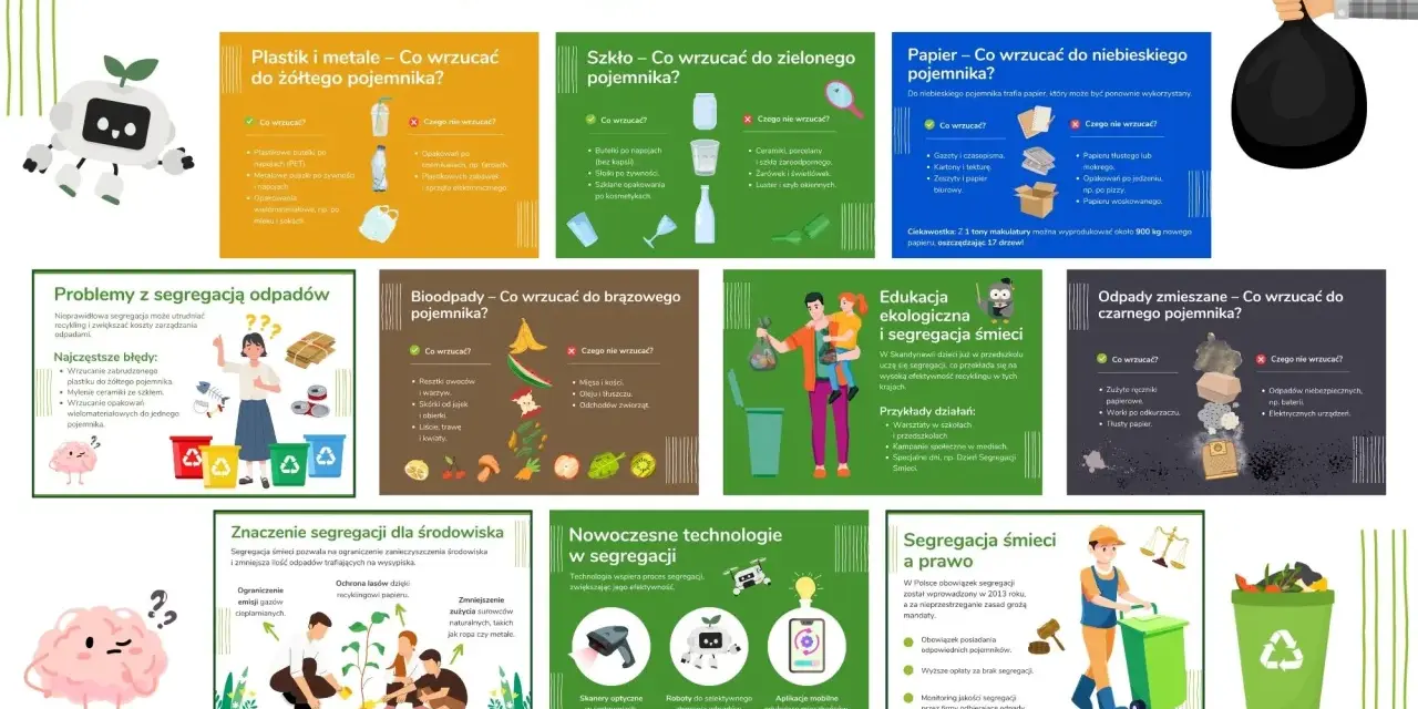 Segregacja śmieci dla dzieci do druku: ilustracje pokazują, co wrzucać do żółtego, zielonego, brązowego i niebieskiego pojemnika.