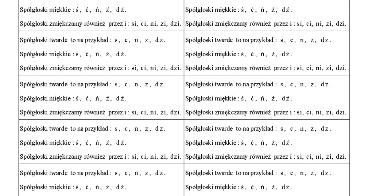 Tabela z przykładami spółgłosek twardych i miękkich, np. s, c, n, z, dz oraz ś, ć, ń, ź, dź. Uczymy się zmiękczeń klasa 2.
