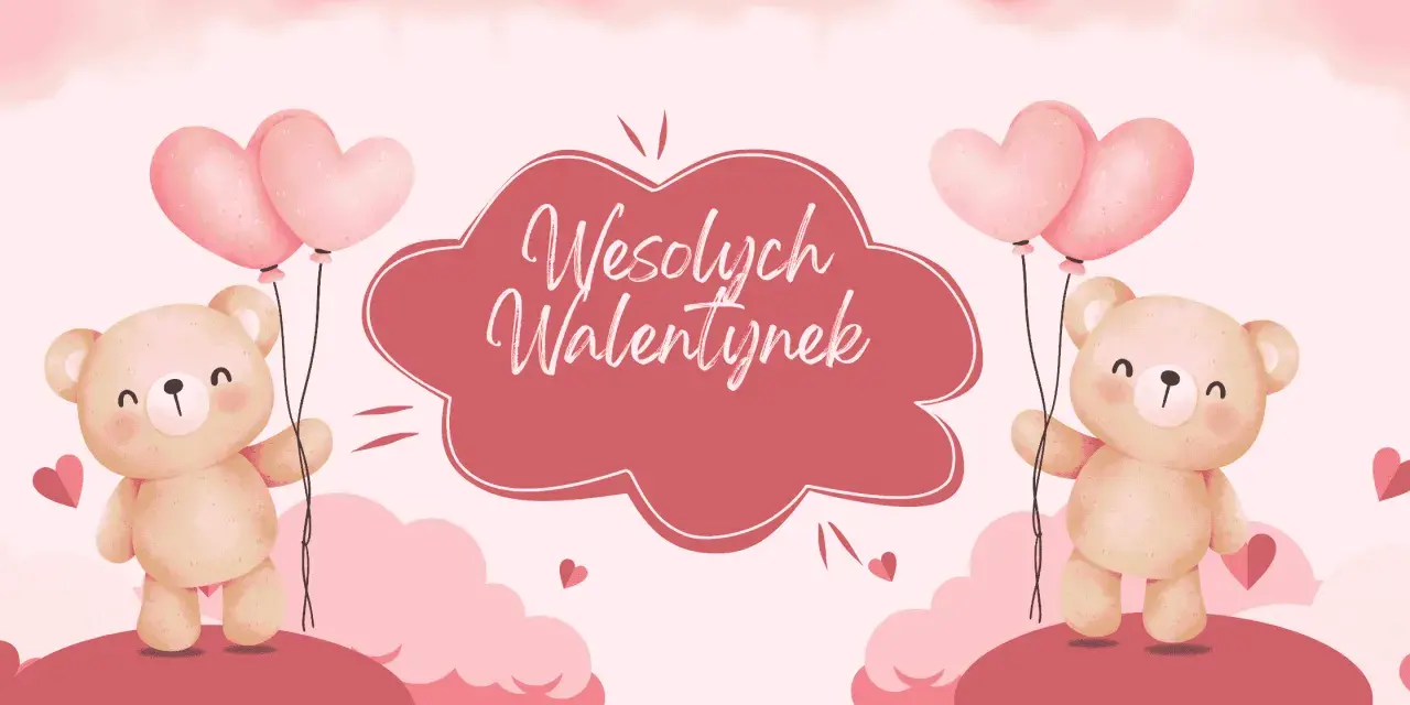 Urocze misie z balonami w kształcie serc, idealne na kartki walentynkowe do druku.