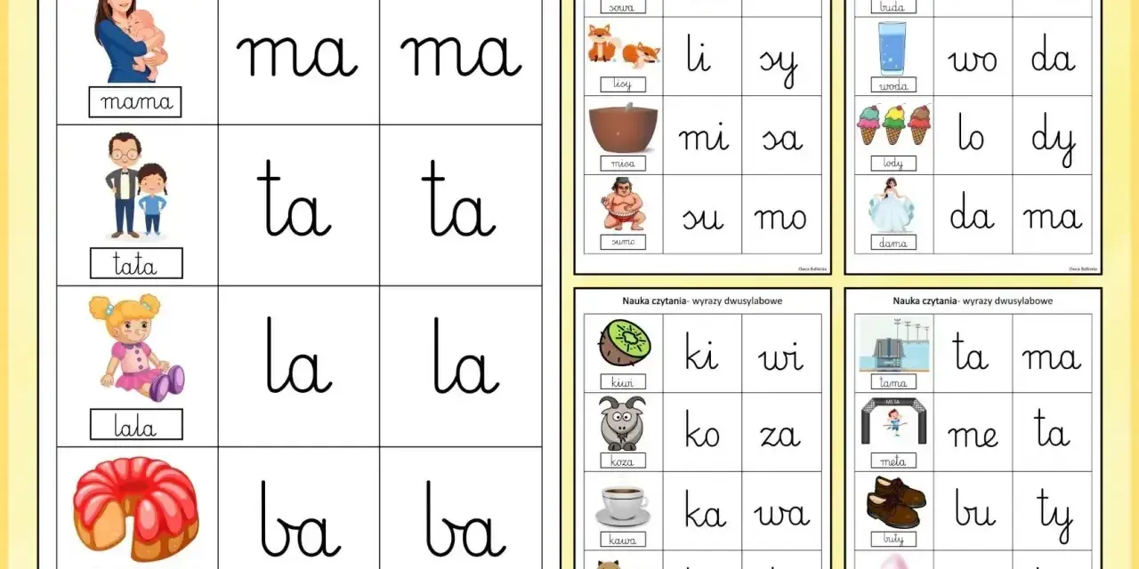 Łatwe ćwiczenia nauka czytania: mama, tata, lala, baba, sowa, lis, misa, sumo, buda, woda, lody, dama, kiwi, koza, kawa, koty, tama, meta, buty, wata.