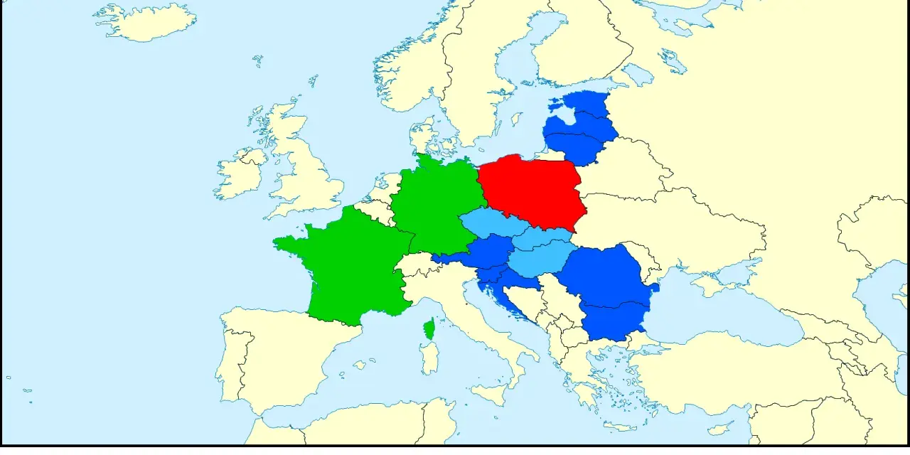Mapa Europy z podziałem politycznym: Polska (czerwona), Trójkąt Weimarski (zielony), V4 (jasnoniebieski), pozostałe państwa Trójmorza (niebieski).