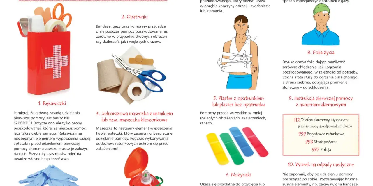 Apteczka pierwszej pomocy: rękawiczki, opatrunki, maseczka, chusta trójkątna, plastry, nożyczki, opaska, folia życia, instrukcja, worek na odpady. Materiały do udzielania pierwszej pomocy dzieciom.