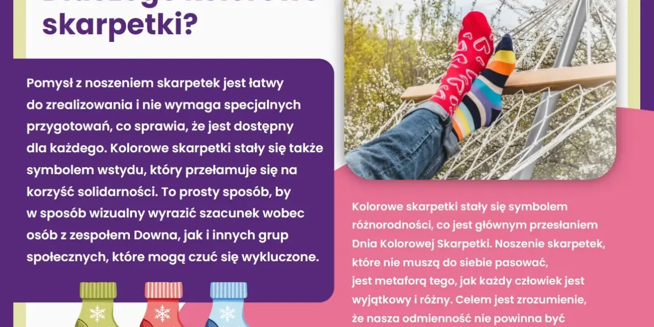 Nogi w kolorowych skarpetkach w hamaku. Obrazek promuje Dzień Kolorowej Skarpetki, symbol różnorodności i akceptacji.