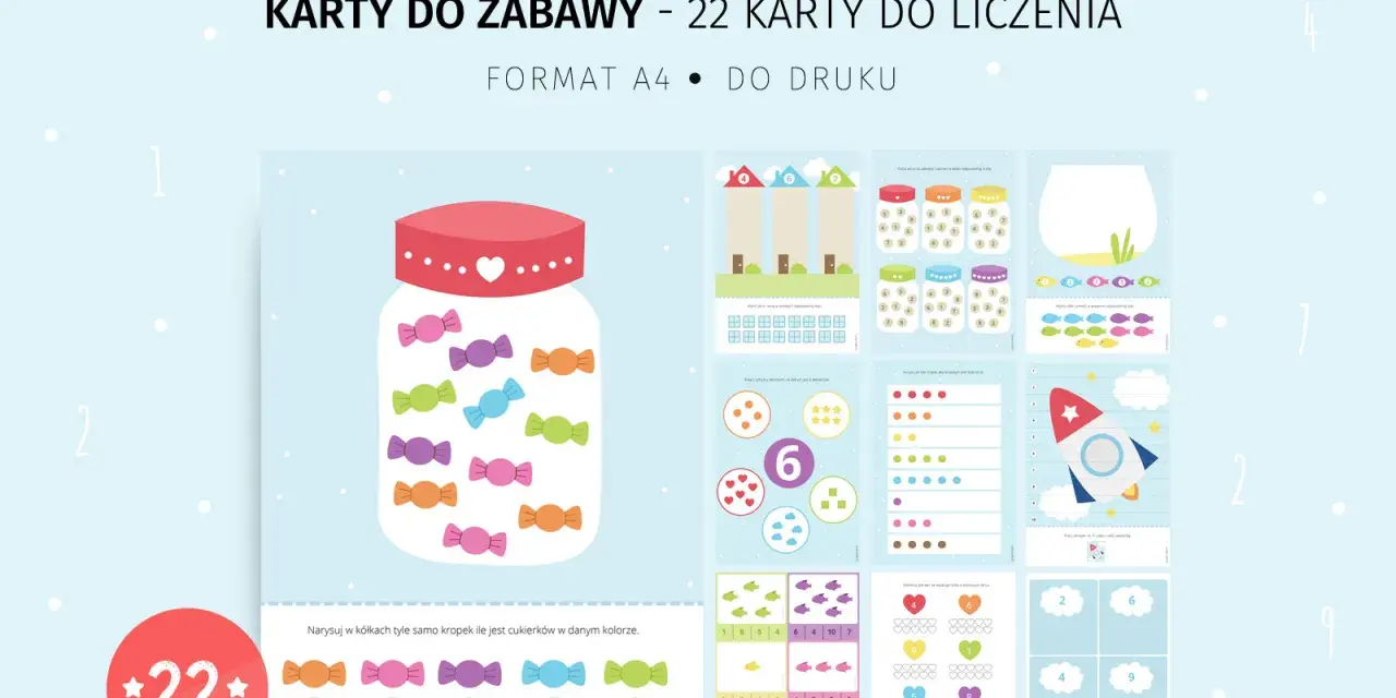 Kreatywne karty do zabawy: 22 karty do liczenia, format A4 do druku. Dzieci robią zakupy, licząc cukierki i rybki.
