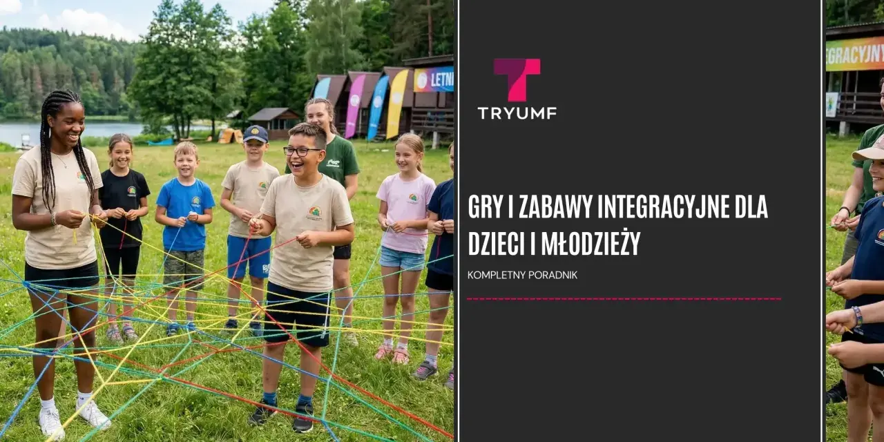Grupa młodzieży bierze udział w grach integracyjnych na świeżym powietrzu, tworząc kolorową sieć z lin.