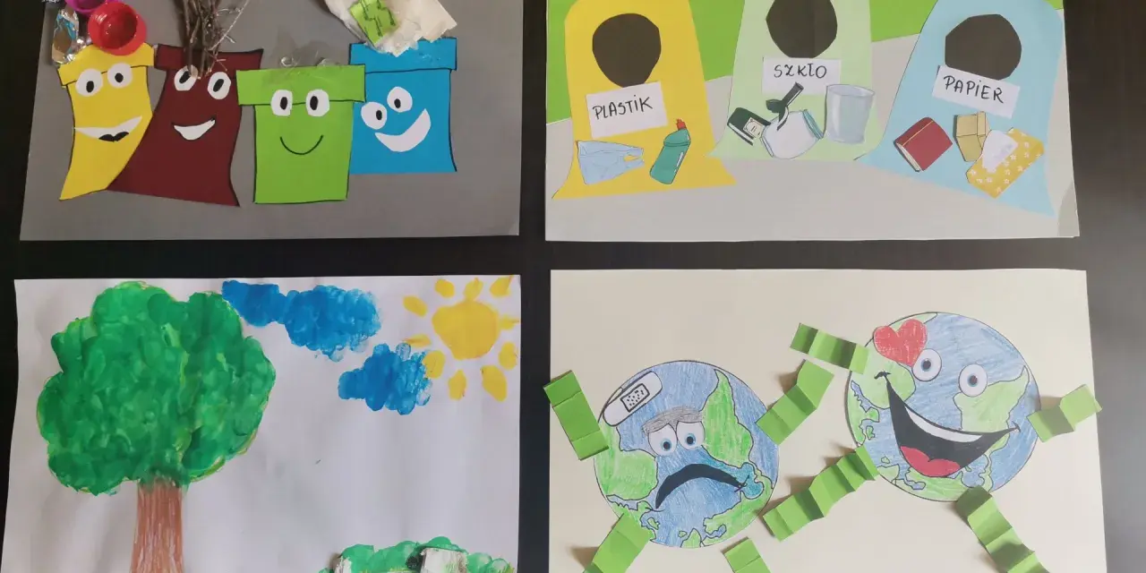 Prace plastyczne o segregacji śmieci: wesołe kosze, pojemniki na plastik, szkło, papier i Ziemia z bandażem.