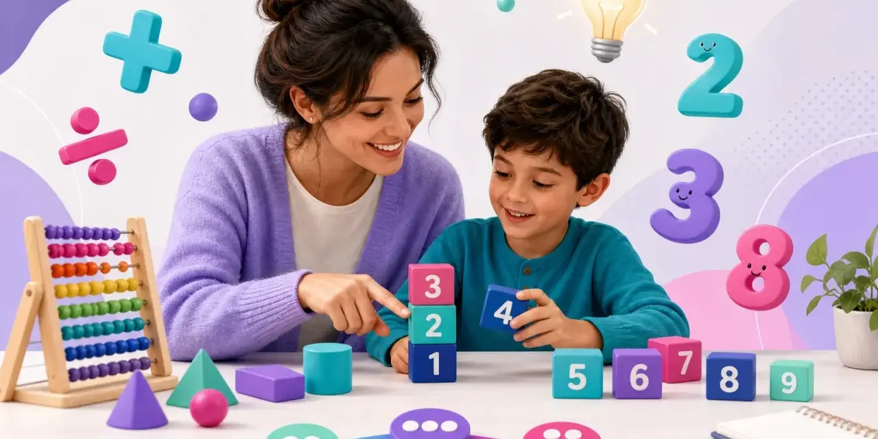 Mama i syn budują wieżę z klocków z cyframi, ucząc się, jak nauczyć dziecko matematyki. W tle liczby i symbole matematyczne.
