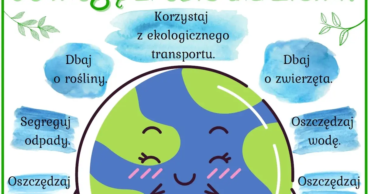 Uśmiechnięta Ziemia zachęca do ekologicznych działań: segreguj odpady, oszczędzaj wodę, energię i papier, dbaj o rośliny i zwierzęta. To nasz wspólny dzień Ziemi!
