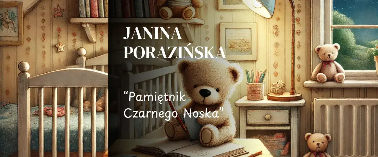 Miś pisze w pamiętniku "Pamiętnik Czarnego Noska". W tle łóżeczko i półka z książkami.