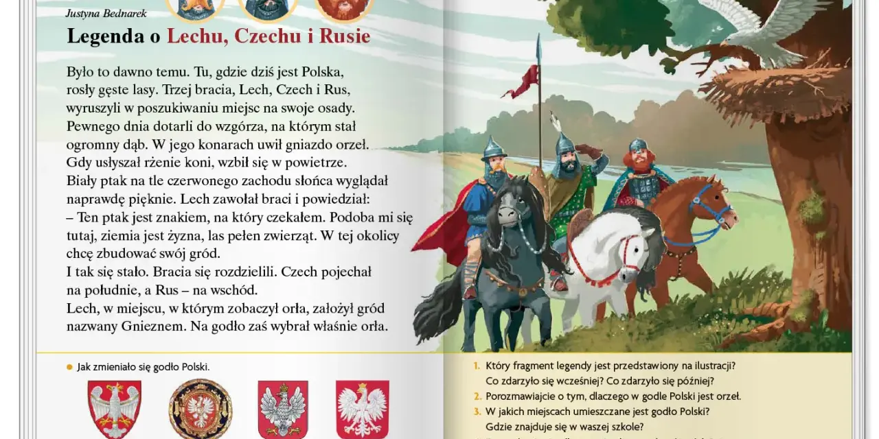 Ilustracja do legendy o Lechu, Czechu i Rusie. Bracia na koniach widzą orła na dębie, symbolizującego początek Polski.