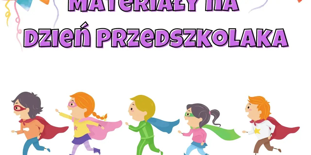 Superbohaterowie biegają, szukając pomysłów na Dzień Przedszkolaka. Kolorowe chorągiewki dodają radości.