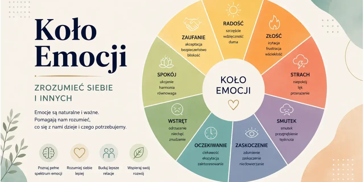 Koło Emocji: narzędzie do zrozumienia siebie i innych. Pomaga dzieciom zadawać mądre pytania o uczucia, budując empatię i lepsze relacje.