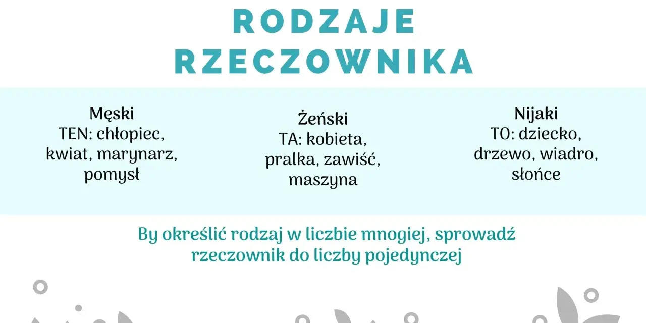 Rodzaje rzeczownika klasa 2: męski (ten), żeński (ta), nijaki (to). Przykłady: chłopiec, kobieta, dziecko.