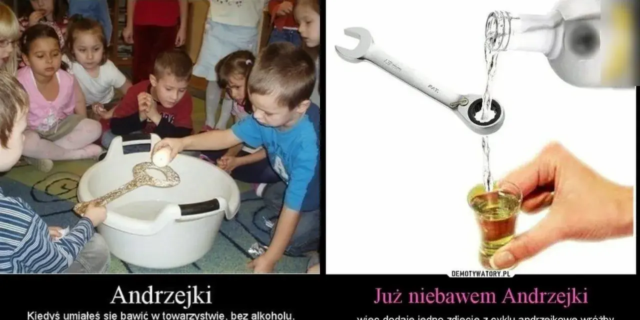 Dzieci bawią się w andrzejkowe wróżby z kluczem i jajkiem. Obok zdjęcie z butelki leje się alkohol przez klucz do kieliszka.