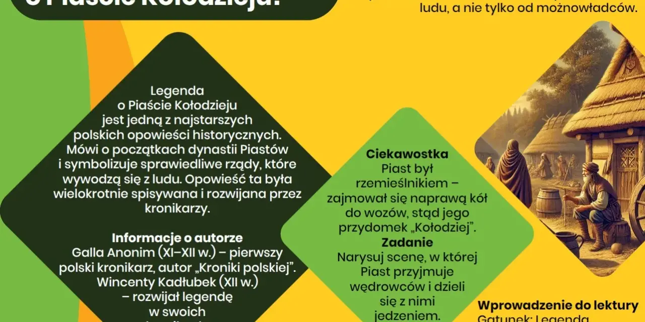 Legenda o Piaście Kołodzieju streszczenie: opowieść o początkach dynastii Piastów, symbol sprawiedliwych rządów ludu.