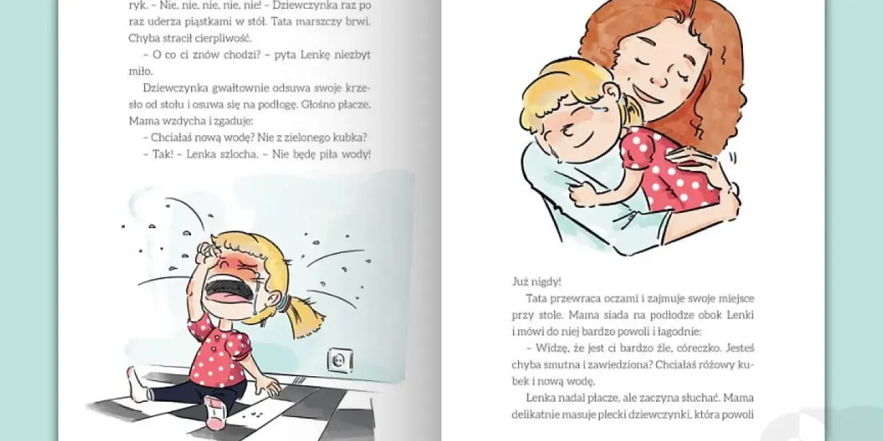 Mama uspokaja płaczącą Lenkę, która nie dostała różowego kubka. Pokazuje, jak uspokoić dziecko, gdy jest smutne i zawiedzione.