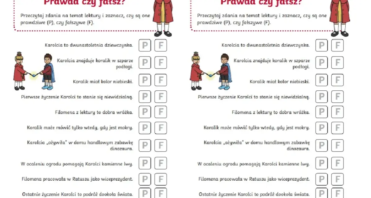 Test wiedzy o lekturze "Karolcia". Zadanie polega na zaznaczeniu, czy zdania o przygodach Karolci są prawdziwe (P) czy fałszywe (F).