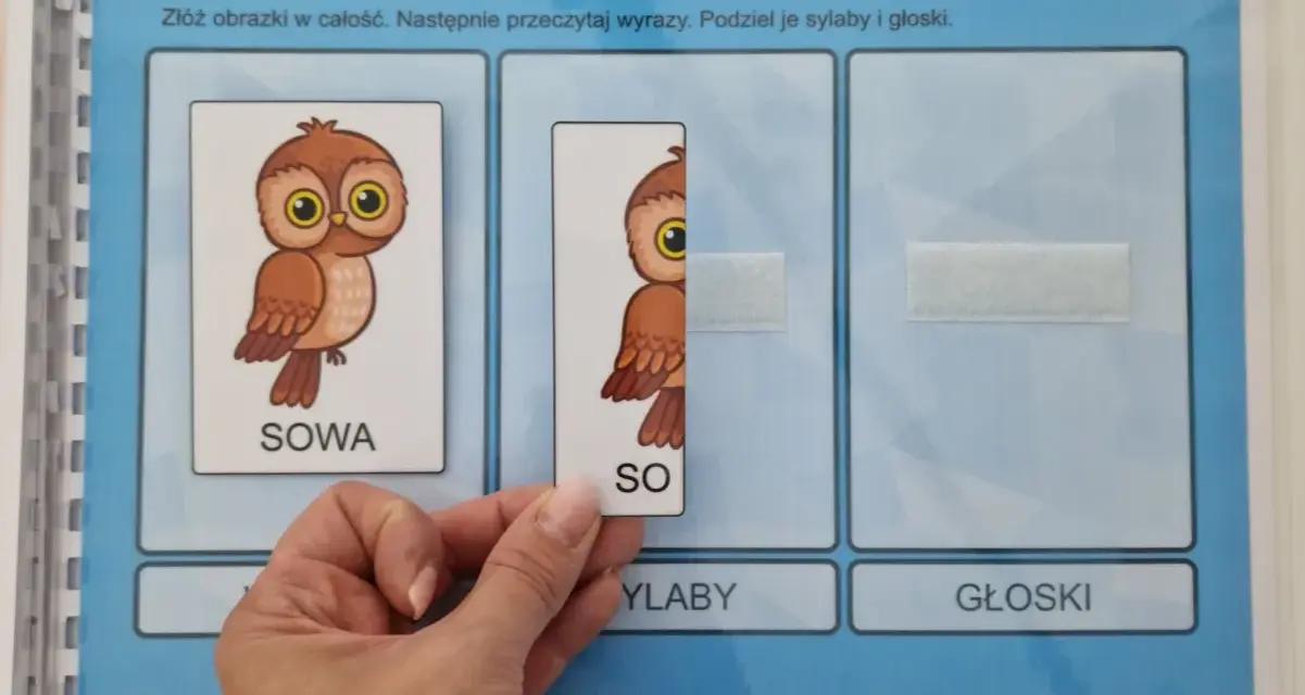 Ćwiczenia z dzielenia na sylaby i głoski. Dziecko układa obrazek sowy, dzieląc wyraz "sowa" na sylaby "so" i "wa".
