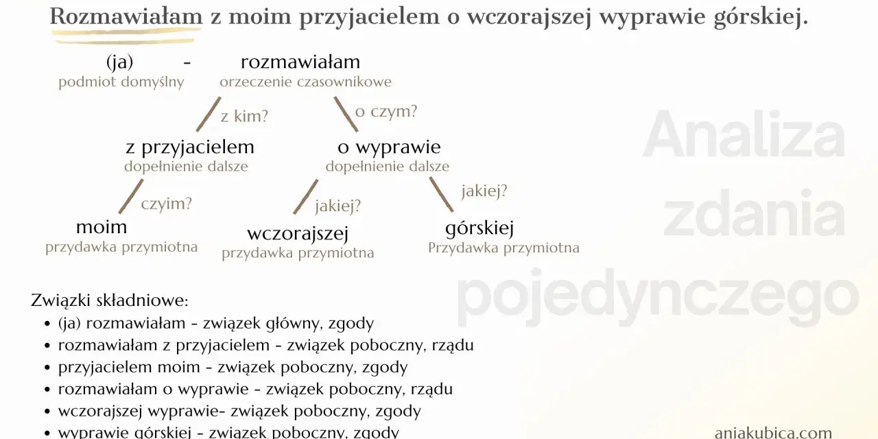 Analiza zdania pojedynczego: "Rozmawiałam z moim przyjacielem o wczorajszej wyprawie górskiej.