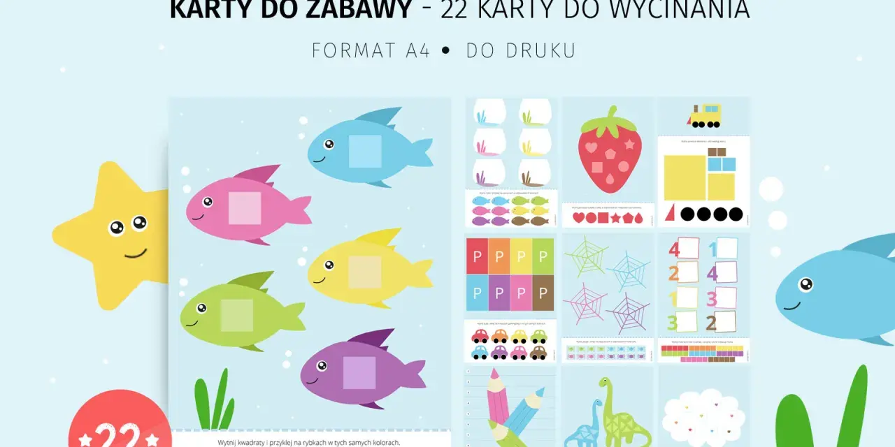 Kreatywne karty do zabawy, 22 karty do wycinania z rybkami, samochodami, dinozaurami i innymi elementami do druku.