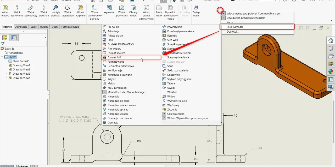 Nauka rysowania krok po kroku: wybór "Format linii" z menu Narzędzia w programie CAD.