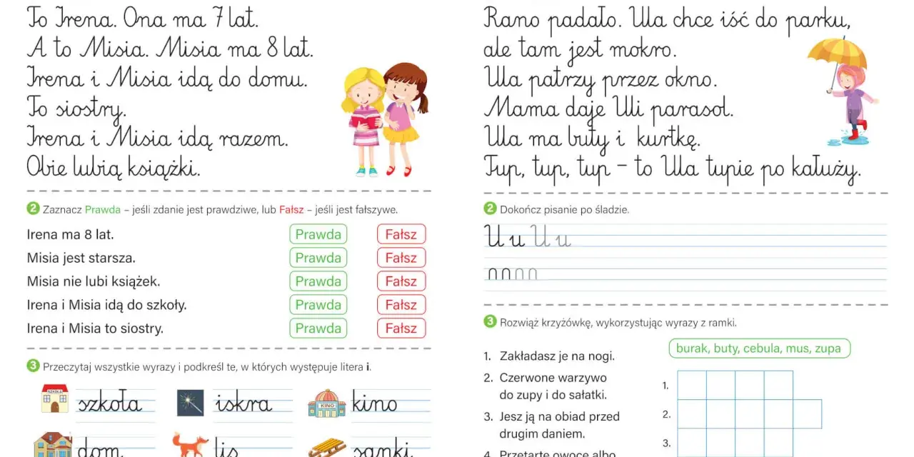Karty pracy klasa 1: ćwiczenia z samogłoskami "i" i "u", czytanie, pisanie i rozwiązywanie krzyżówki.