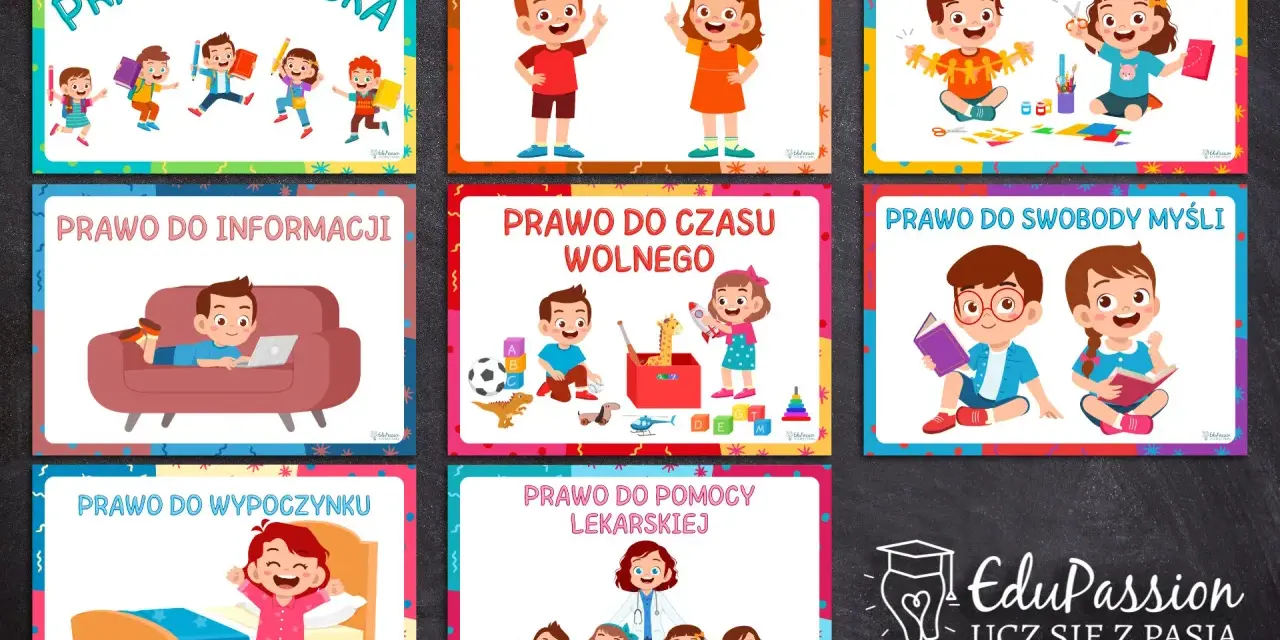 Karty pracy "Prawa dziecka" ilustrują prawa do życia, rozwoju, informacji, czasu wolnego, wypoczynku, swobody myśli i pomocy lekarskiej.