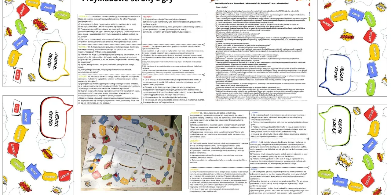 Karty pracy z pytaniami i odpowiedziami, ilustracje postaci i dymki dialogowe. Temat: komunikacja karty pracy.