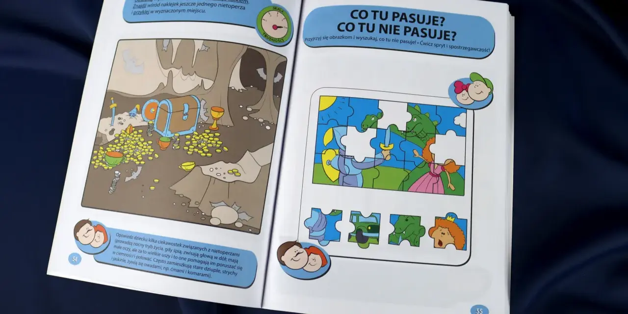Książka z zadaniami dla dzieci: szukanie nietoperzy w jaskini i układanie puzzli. Świetne pomysły na nagrody dla dzieci, rozwijające spostrzegawczość.